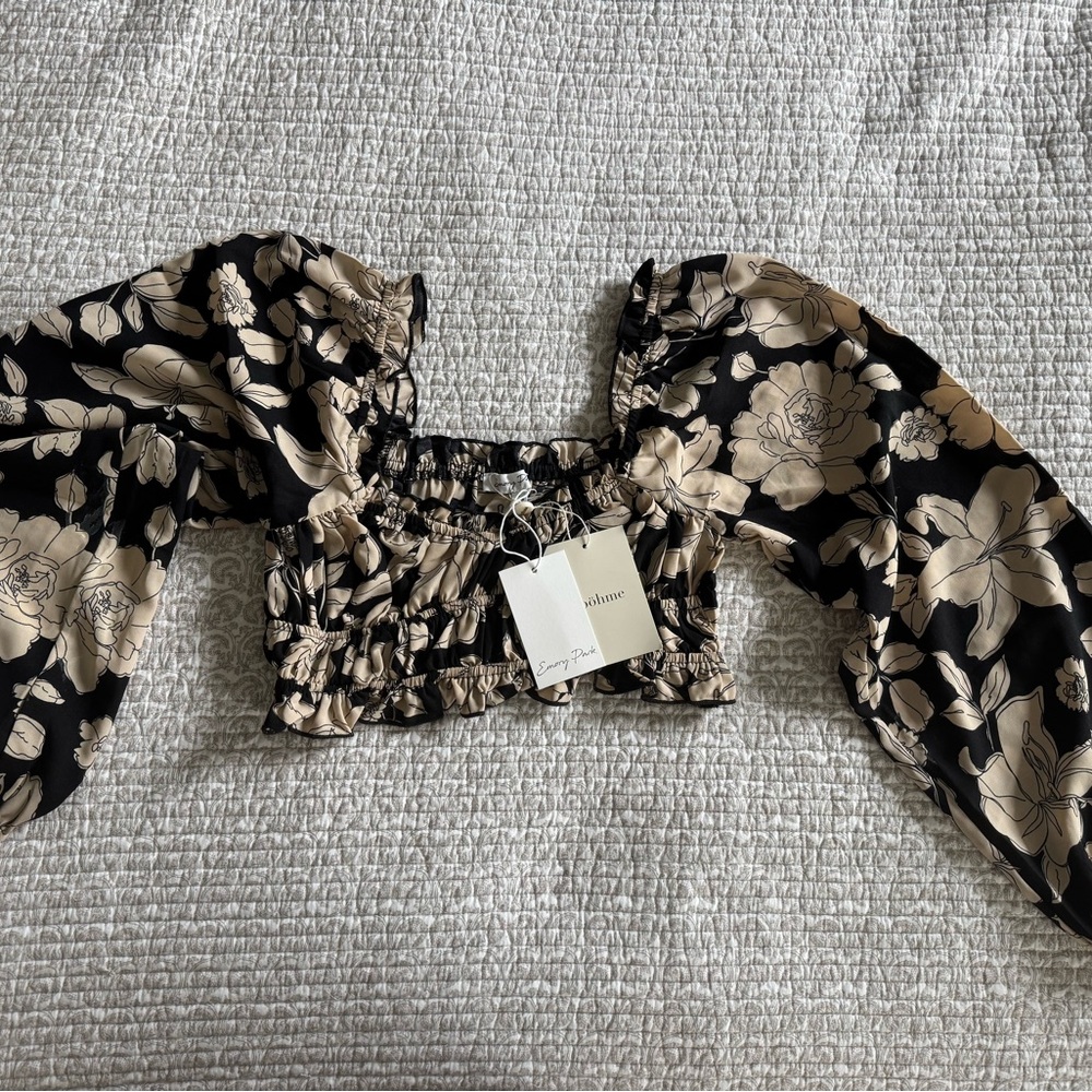 Bohme Black and Cream Smocked Crop Top